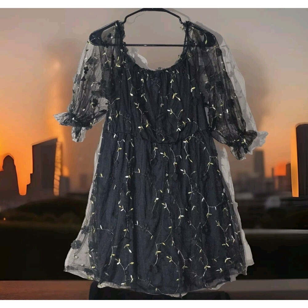 Whimsigoth Black Mini Dress With Flower Applique XL Stretchy Black Gold Party